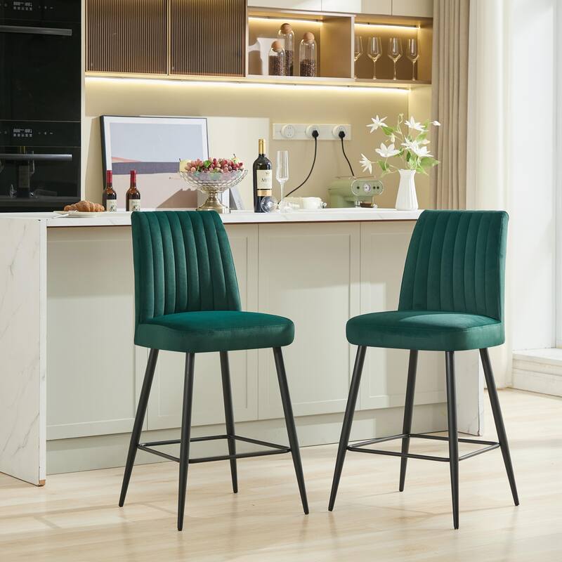 Velvet Upholstered Bar Stools Set of 2, Kitchen Bar Stools with Adjustable Iron Feet, Armless Dining Chairs with Footrest - Green