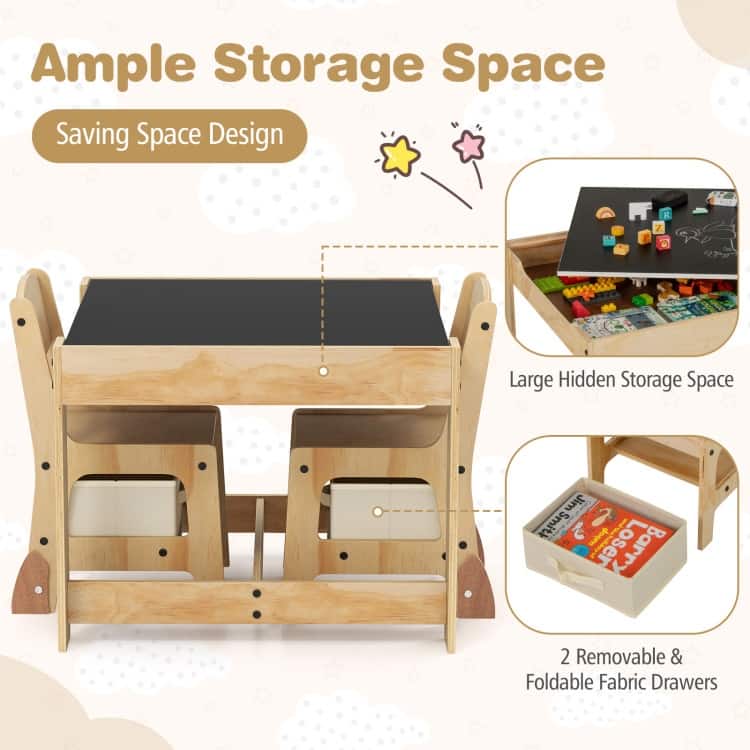 Plywood 3 in 1 Kids Table and Chairs Set with Storage Bins - 24.5" x 24.5" x 19"