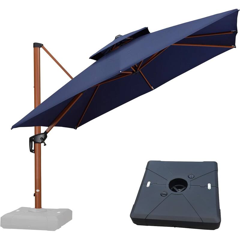 PURPLE LEAF 9/10/11ft Square 09x12ft Rectangle Wood Pattern Patio Cantilever Umbrella with Base - 10ft Navy Blue