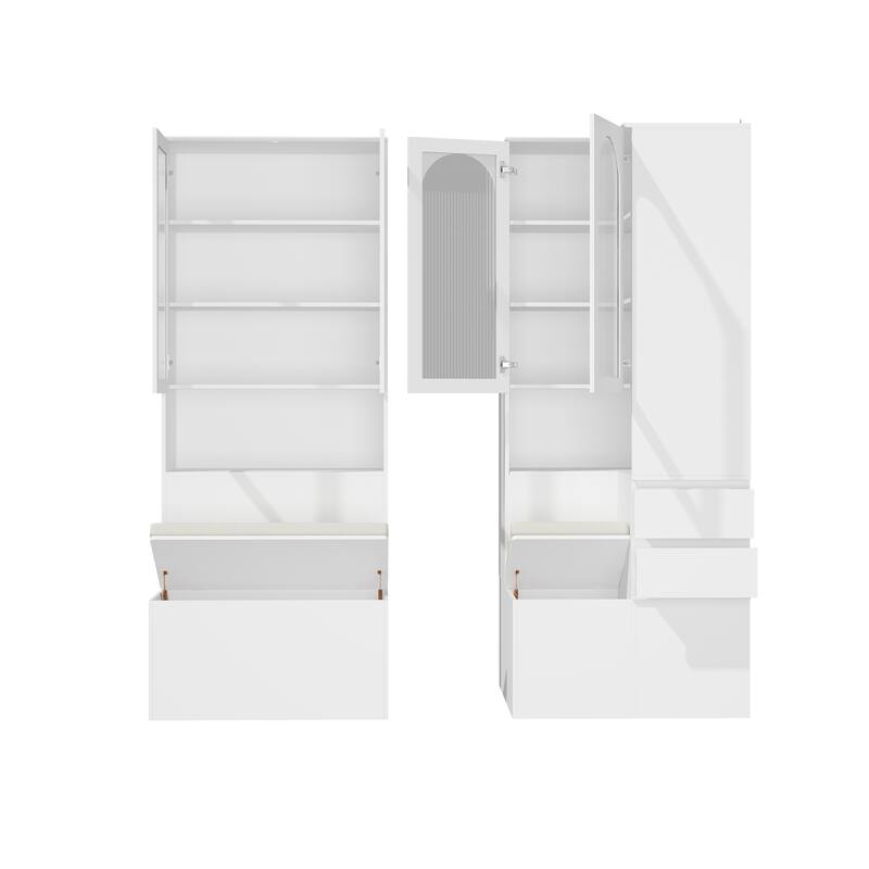 Entryway Cabinet Tempered Glass DoorsStorage Bench with Cushion, Modern Mudroom Hall Tree Organizer with Hidden Storage