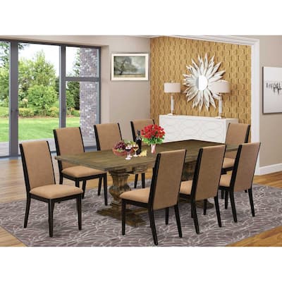 9-Piece Dining Room Table Set with Chairs - Linen Fabric Parsons Chairs & Wood Table - Distressed Jacobean Finish