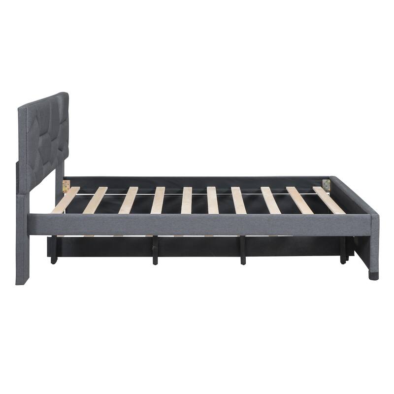 Full Size Upholstered Platform Bed with Brick Pattern Headboard and Twin Trundle, Linen Fabric, Gray
