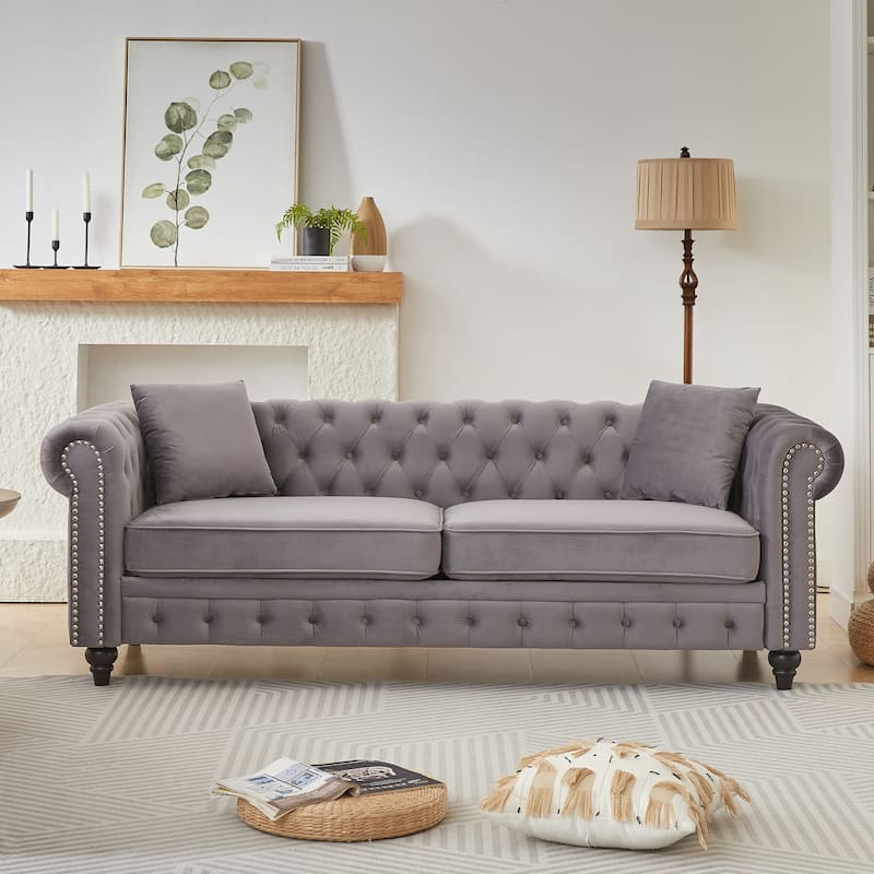 Button Tufted Design Velvet Straight Row Sofa with Nailheads Accent - Grey