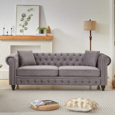 Button Tufted Design Velvet Straight Row Sofa with Nailheads Accent