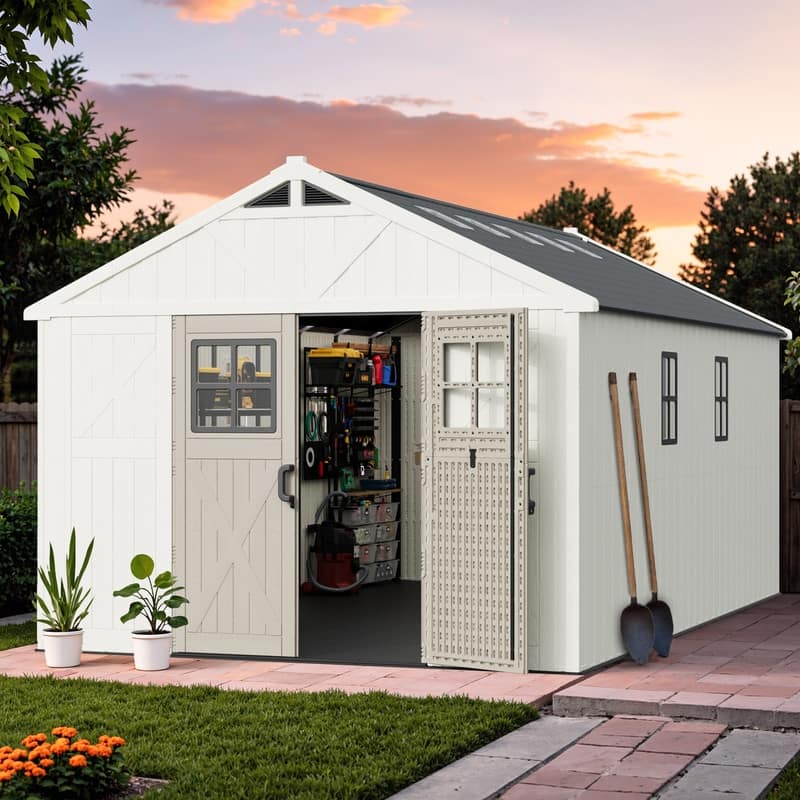 Patiowell 10 X 16 FT&10 X10 FT &10 X12 FT 10 X14 FT Resin Outdoor Storage Shed With Floor ,Weather Resistant Shed for Garden - 10 X 16