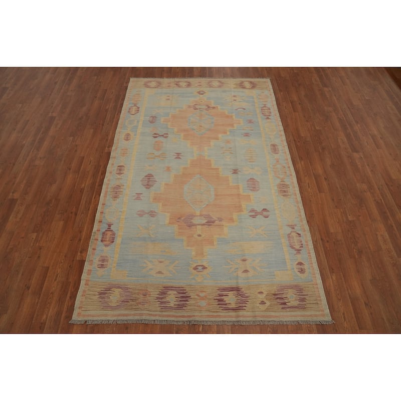 Hand Woven Oriental 100% Wool Carpet Southwestern Tribal Navy Blue & Blues Kilim Area Rug - 8' 3'' X 5' 0''