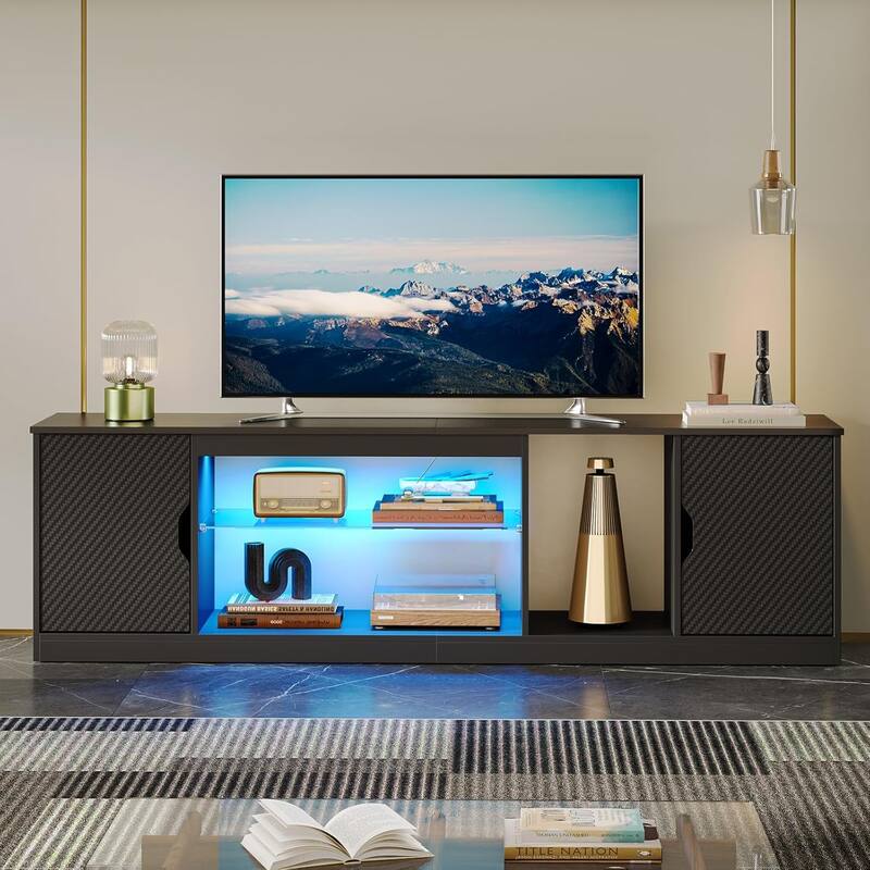 Bestier 70" TV Stand for TV, LED Gaming Entertainment Center with Storage Cabinet and Adjustable Tempered Glass Shelf