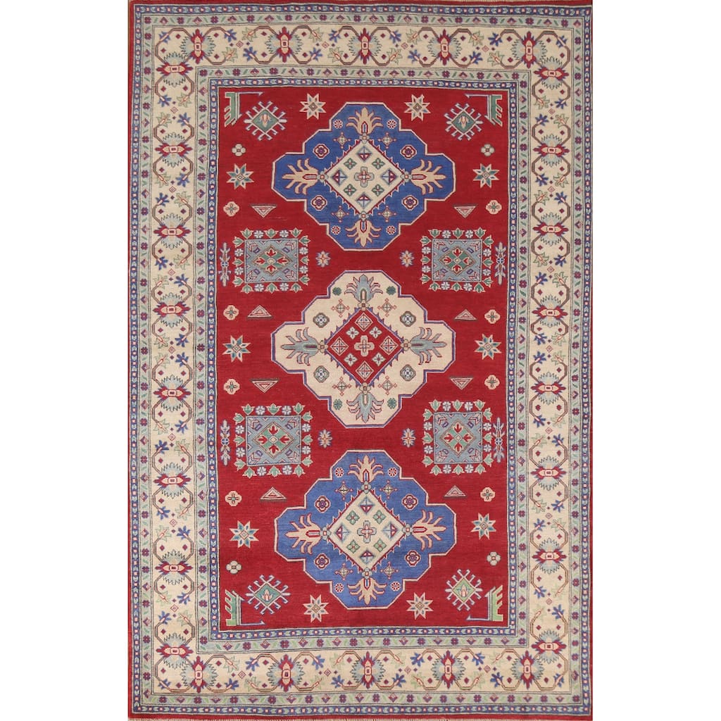 Hand Knotted Oriental 100% Wool Carpet Traditional Geometric Red Kazak Area Rug - 10' 1'' X 6' 10''