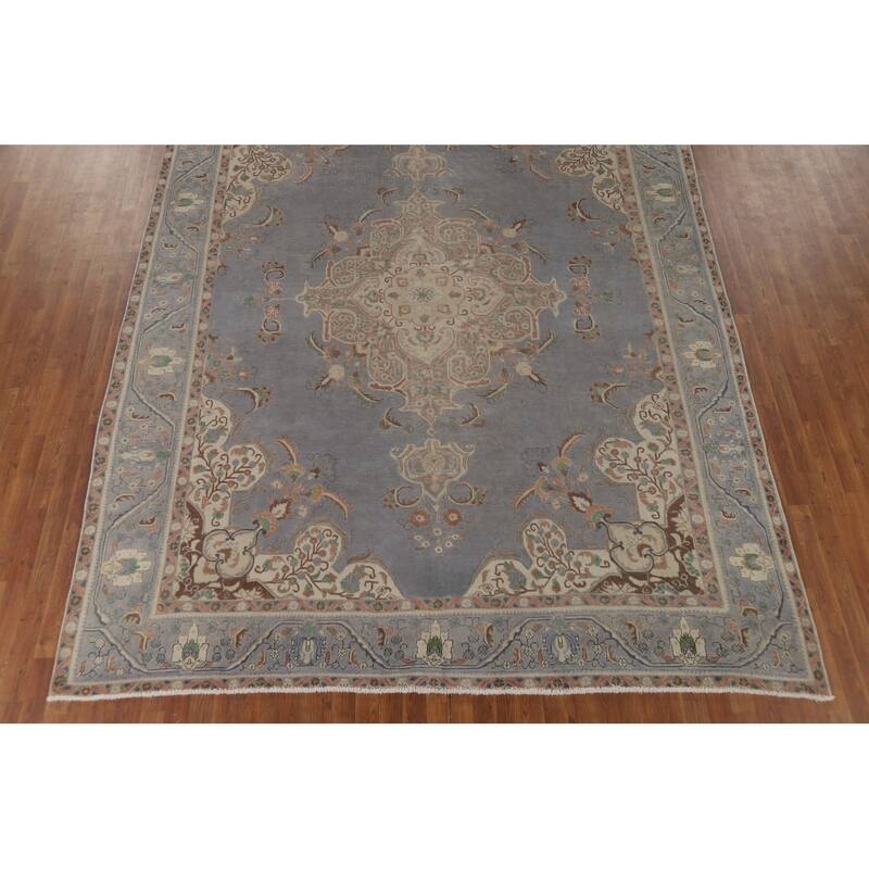 Blue Tabriz Vintage Persian Area Rug Hand-Knotted Wool Carpet - 9'5" x 12'4"