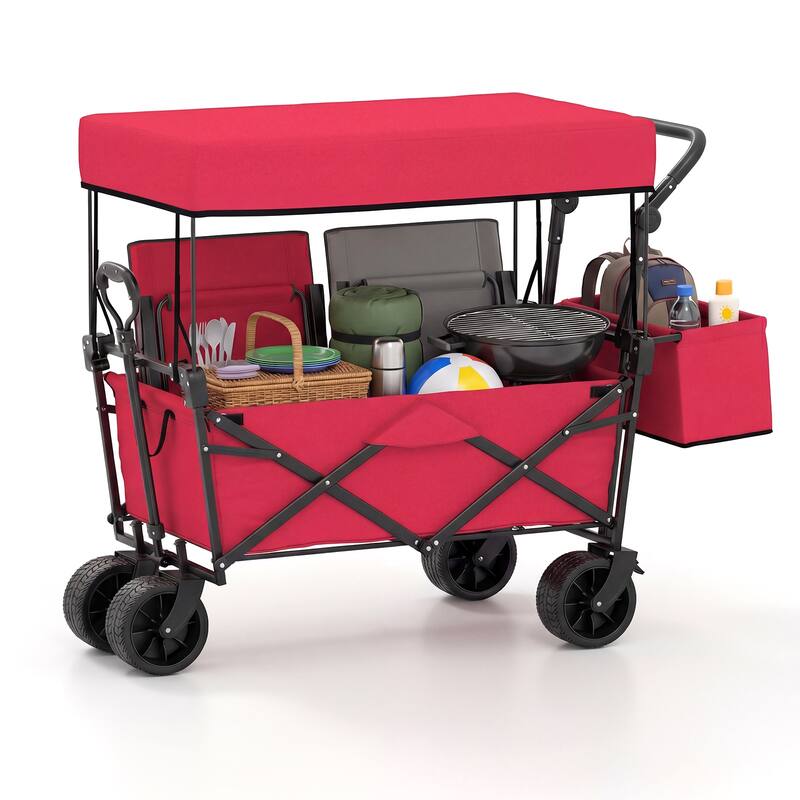 Gymax Collapsible Wagon w/Removable Canopy Adjustable Handles - Red