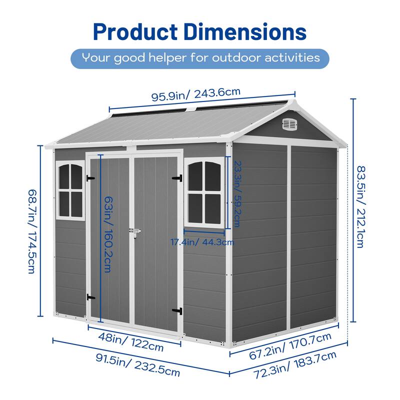 8x6 ft Plastic Utility Storage Shed with Floor, Lockable Garden Tool Shed for Backyard and Trash Bins