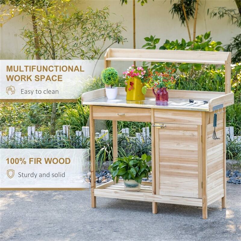 Outdoor Garden Bench with Galvanized Steel Top, Shelves & Hooks - 44" L x 19" W x 49.25" H
