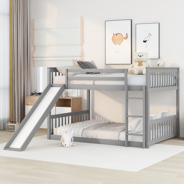 slide 2 of 18, Grey Full over Full Wood Bunk Bed with Slide and Ladder Grey
