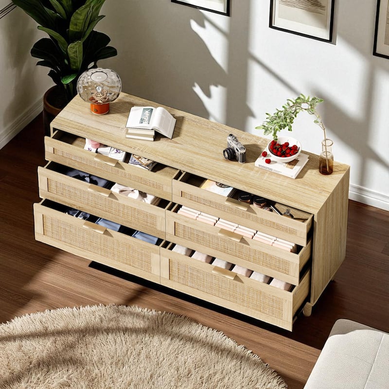 Rattan Dresser with 6 Drawers, Wide Chest of Drawers Storage Cabinet with Metal Handles and Wood Legs for Bedroom and Hallway