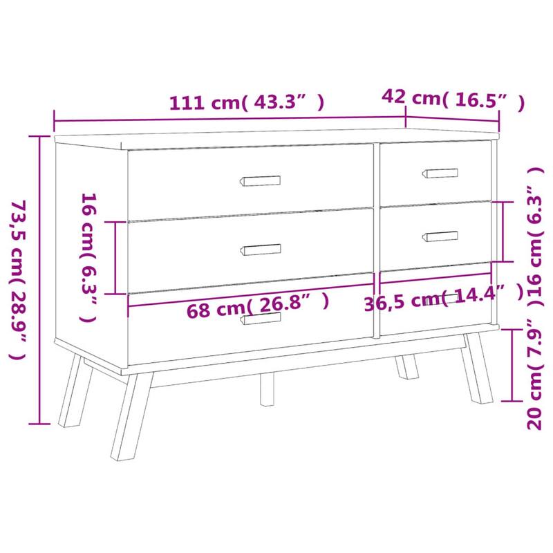 Sideboard Cabinet Dresser, 6 Drawers, Modern 44 Inch Brown Solid Wood