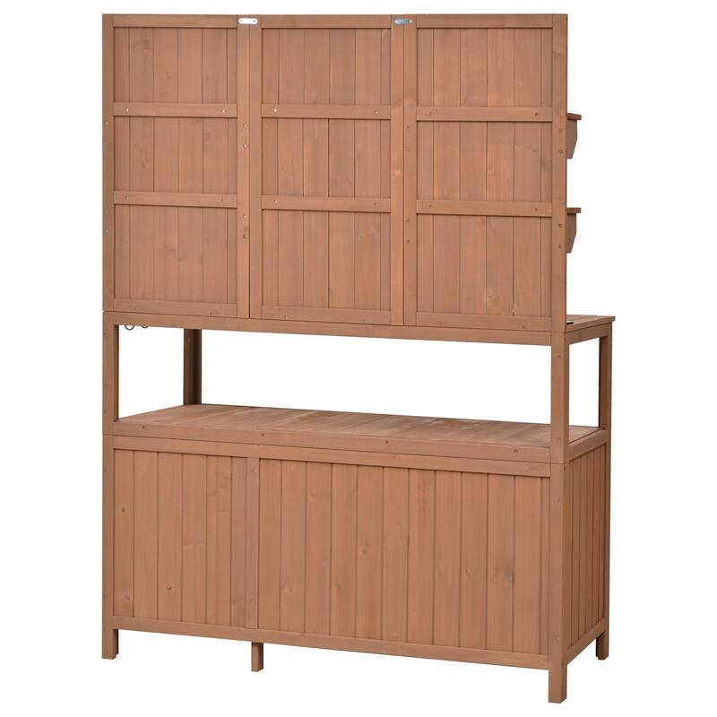 Potting Bench with Hutch, 50.2" Solid Fir Wood Garden Workstation, 2 Shelves, 2 Cabinets, 3 Side Hooks, Outdoor Planting Table