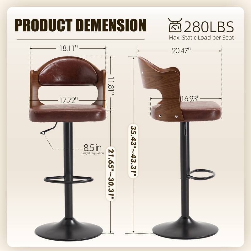 PU Leather Upholstered High-resilience Cushion 360° Swivel Adjustable Height Bar Stools with Footrest(set of 2)