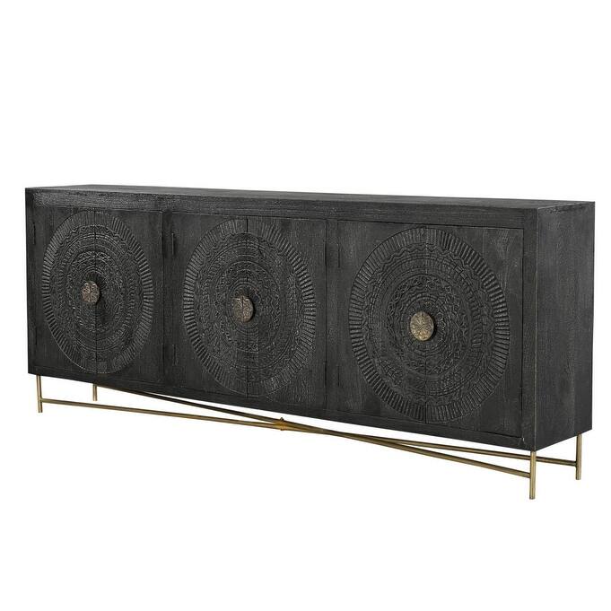 HomeRoots 95" Black Distressed Solid Wood Carved Geometric Sideboard with Six Doors - 95.00 in. x 37.00 in. x 15.50 in.