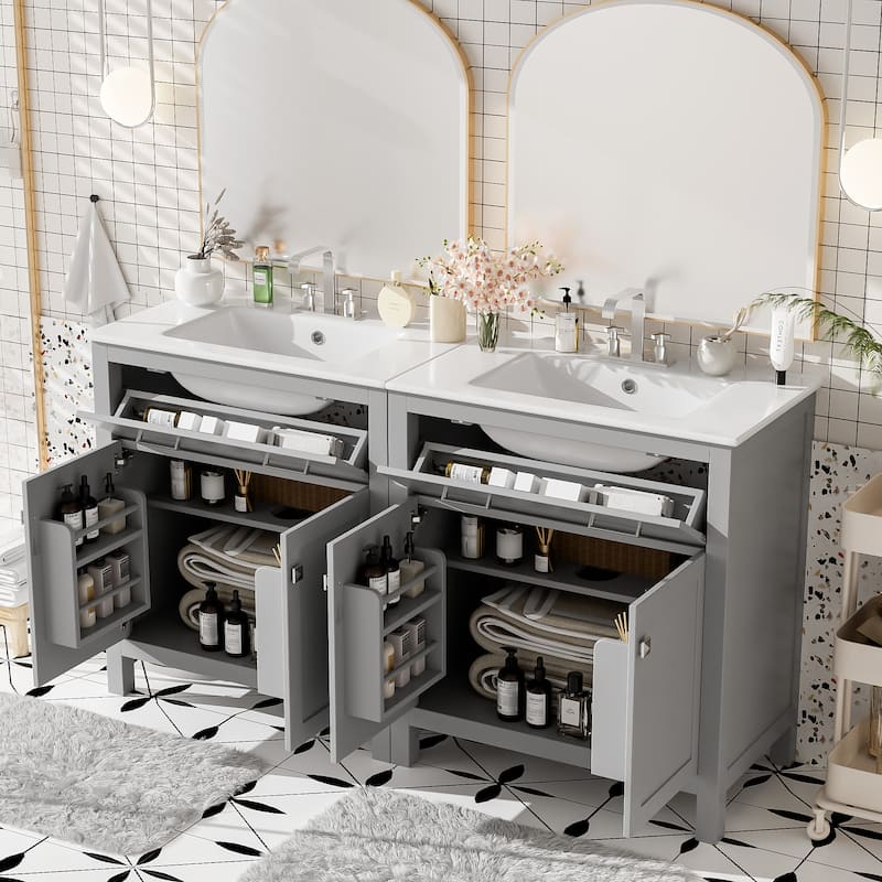 60"Bathroom Vanity Set with Double Vanities (Separate),Double Ceramic Sinks,Adjustable Shelf,Soft Close Doors and Flip Drawer - Grey