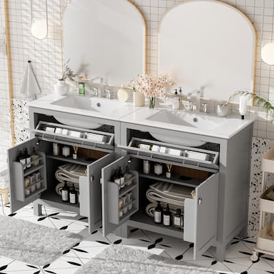 60"Bathroom Vanity Set with Double Vanities (Separate),Double Ceramic Sinks,Adjustable Shelf,Soft Close Doors and Flip Drawer