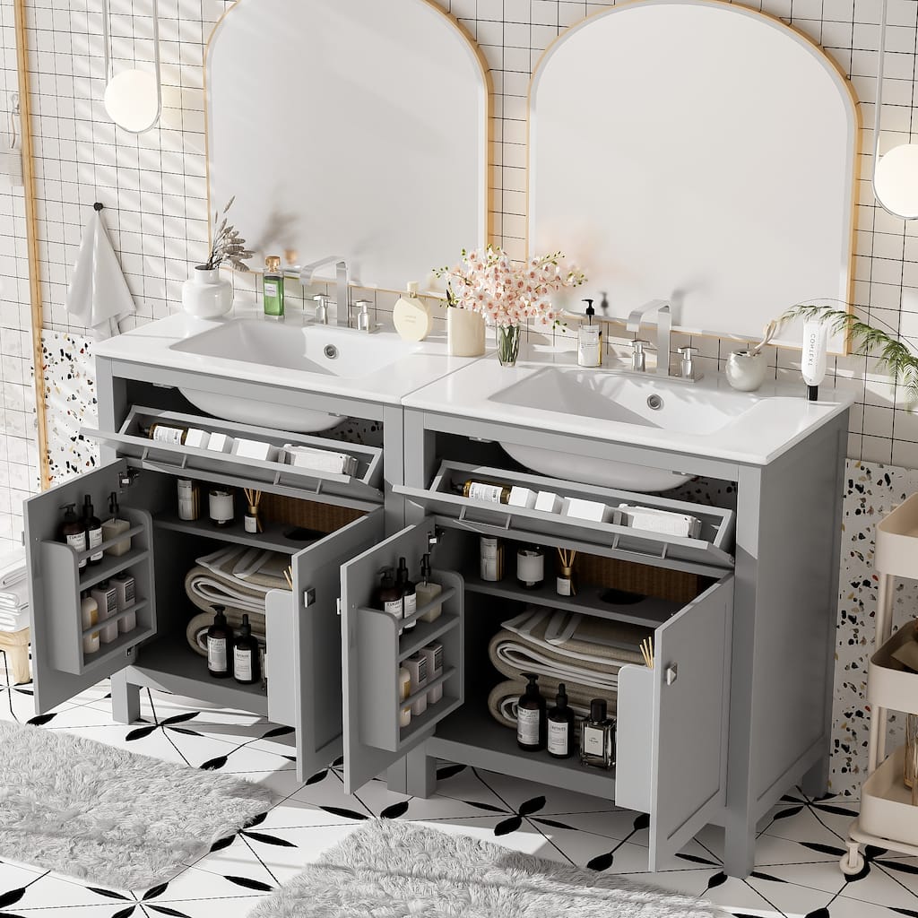 60"Bathroom Vanity Set with Double Vanities (Separate),Double Ceramic Sinks,Adjustable Shelf,Soft Close Doors and Flip Drawer