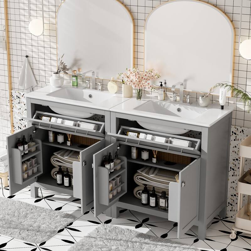Set of 2 Vanity for Bathroom with Double Ceramic Sinks, 60" Modern Storage Cabinet with Flip-down Drawers and Door Organizers