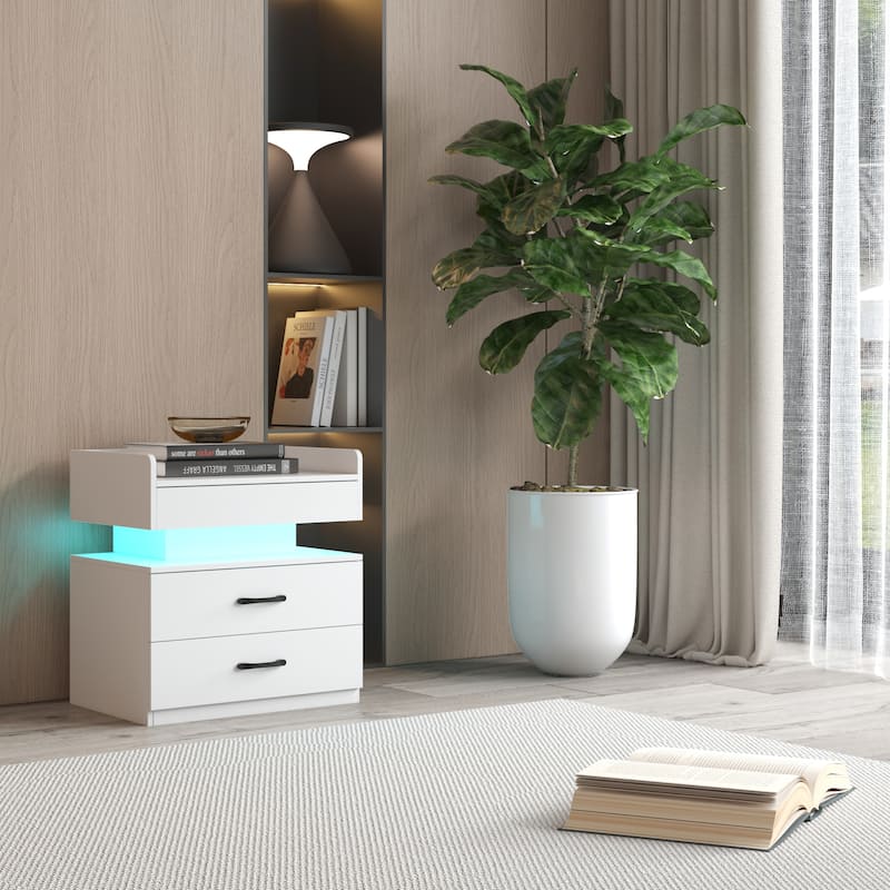 Anmytek Modern White Nightstand with Charging Station LED Lights and 2 Drawers Waterproof Bedside Table