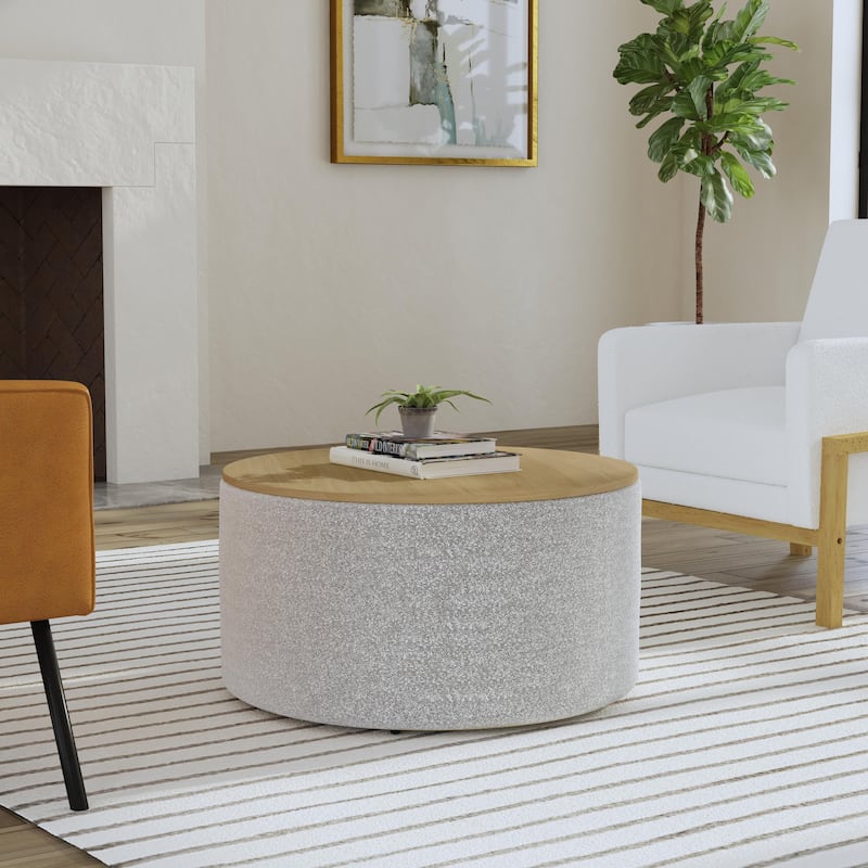 HomePop Round Storage Ottoman table with Wood Top - White Boucle with Black Yarn