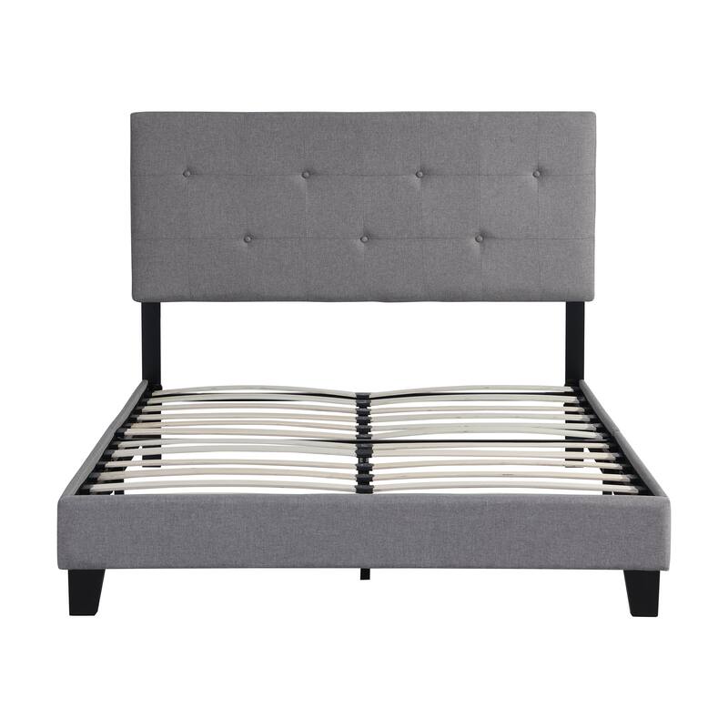 Upholstered Platform Bed Frame with Button Tufted Linen Fabric Headboard