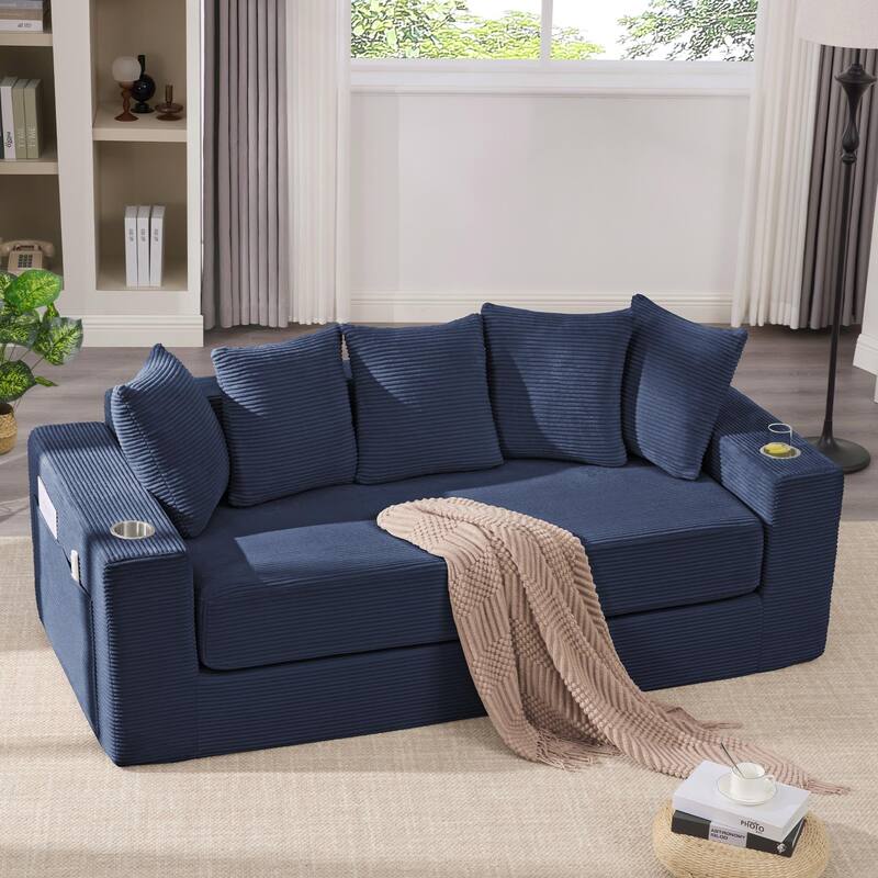 2-in-1 Convertible Sleeper Sofa, Floor Folding Couch, Sofa Bed with Side Pocket, Pull Out Loveseat with Cup Holders