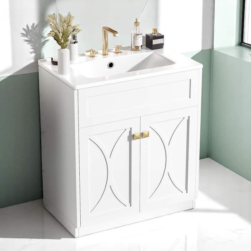 30 Inch Modern Bathroom Vanity with Sink, Solid Wood Frame, Undermount Basin, Storage Rack & 2 Doors