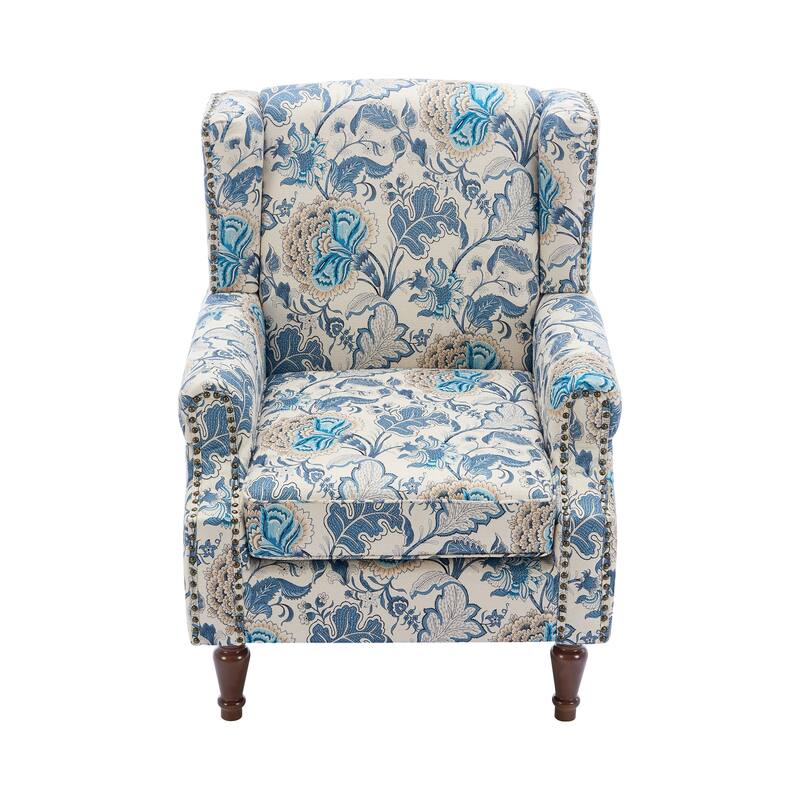 2 Set Transitional Patterned Wingback Accent Chairs with NailHead