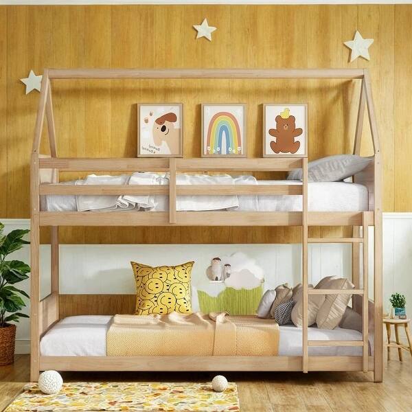 slide 2 of 14, Twin Over Twin House Floor Bunk Bed with Headboards, Footboards and Guardrails, Ladder White Oak