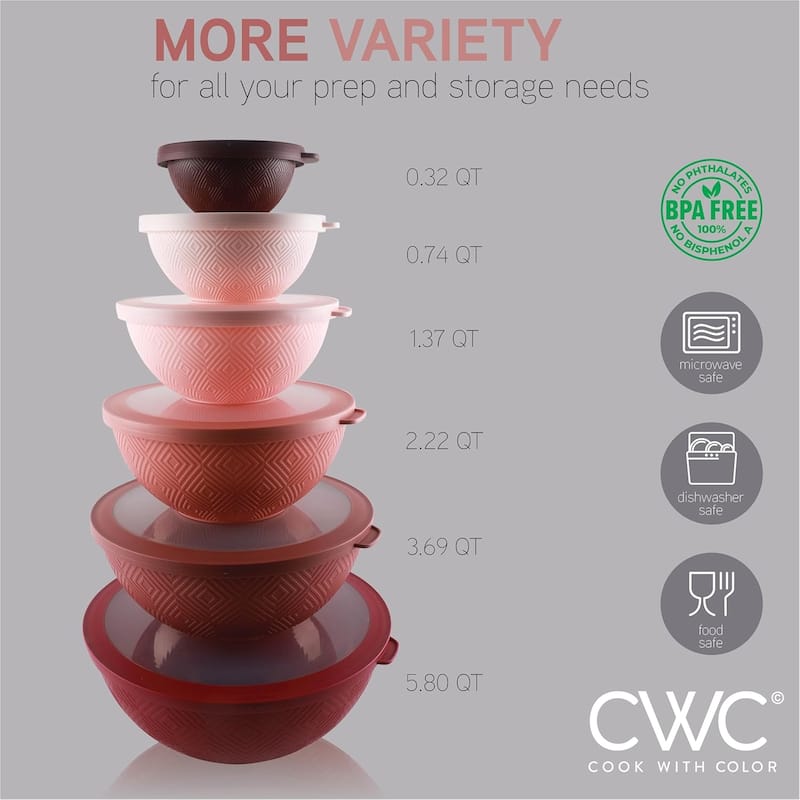 COOK WITH COLOR - 12 Piece Plastic Nesting Bowls - 6 Prep Bowls and 6 Lids, Microwave Safe.