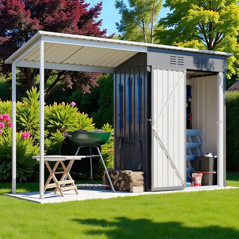 5x3 FT Galvanized Steel Shed and Gazebo Combo, Lean-To Storage Shed with Pergola for Backyard