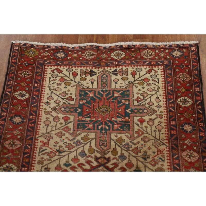 Hand Knotted Oriental 100% Wool Carpet Traditional Geometric Beige & Ivories Heriz Runner Rug - 10' 7'' X 3' 3''