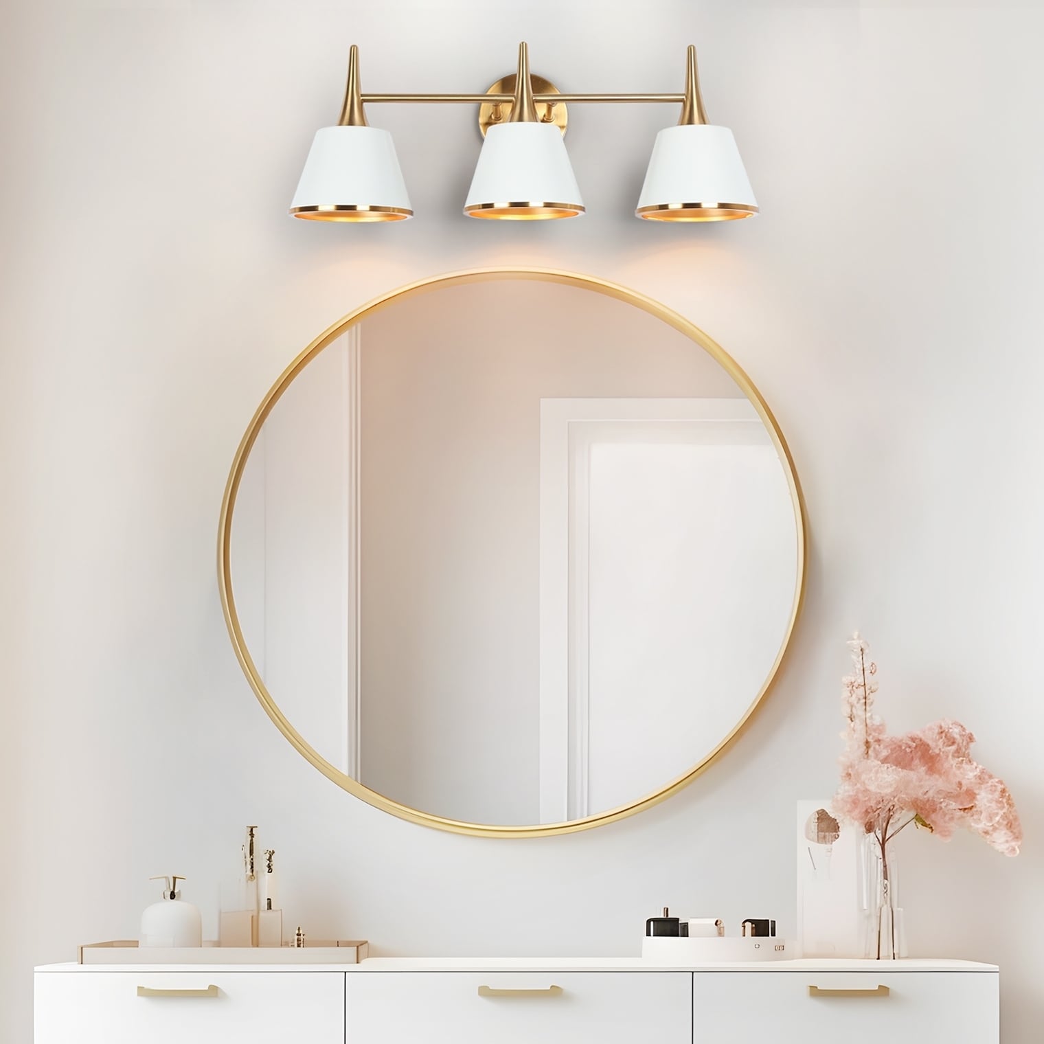 Nisa Modern 3-Light Bathroom Vanity Light White Gold Metal Wall Sconce - L 22.5"* W 7.9"* H 9"