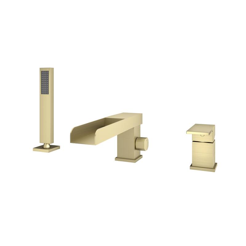 Bathtub Filler Faucet with Sprayer, Double-Handle Deck-Mount Roman Tub Faucet with Handshower, Pressure Balanced Valve Included - Brushed Gold