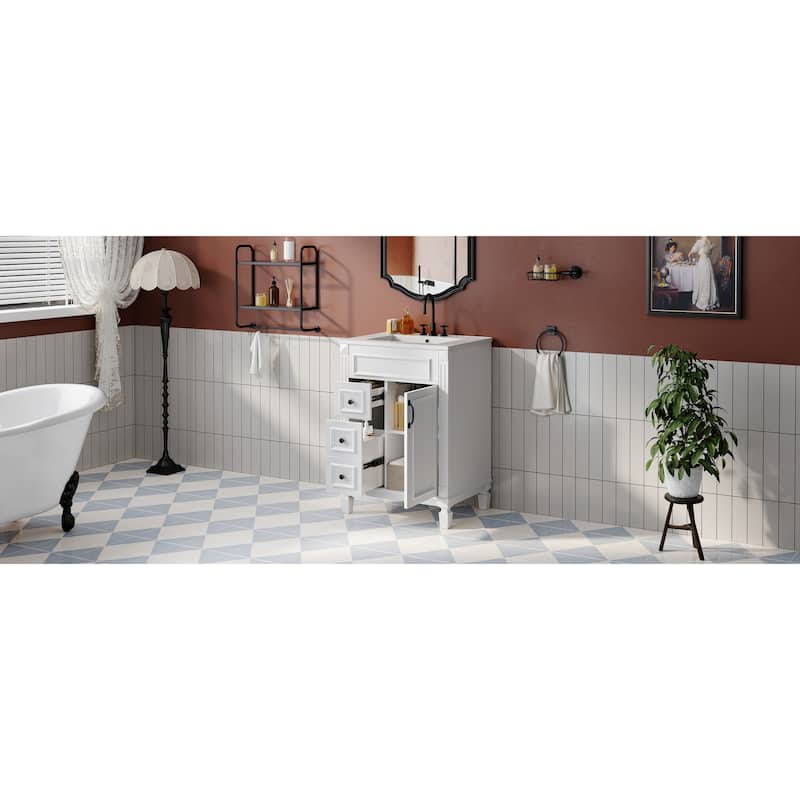 24" Bathroom Vanity With Ceramic Sink, Small Bathroom Sink Cabinet, Modern Cabinet With 2 Drawers And Adjustable Shelf