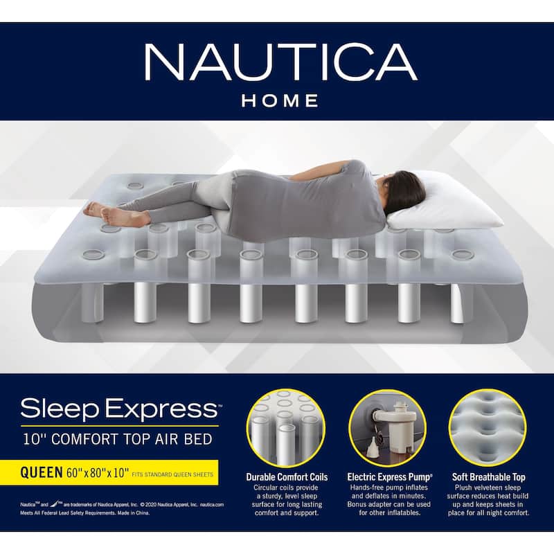 Nautica Home Sleep Express 10 in. Inflatable Air Mattress with External Pump - Bed with Puncture Resistant Vinyl Construction