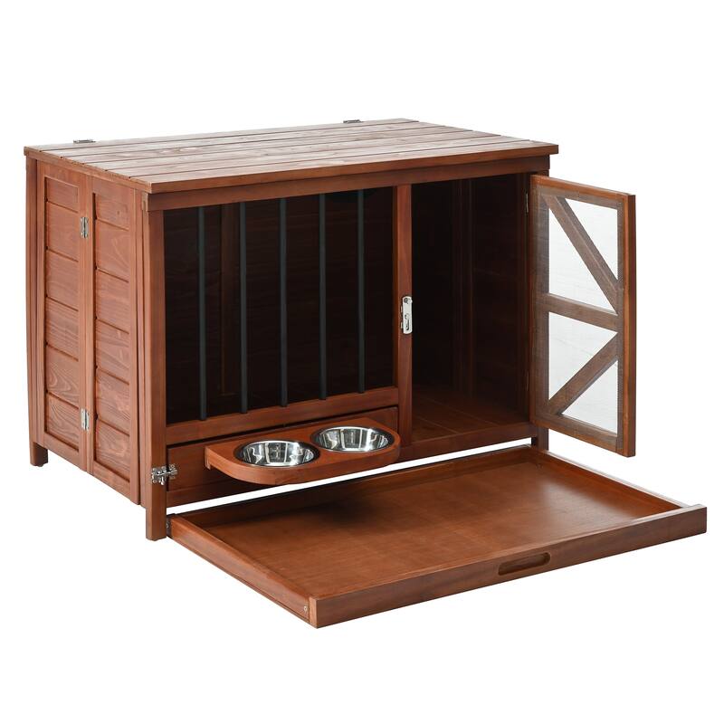 43" Solid Wood Dog Crate Furniture, Foldable Indoor Kennel with 360 Rotating Feeder for Small & Medium Dogs