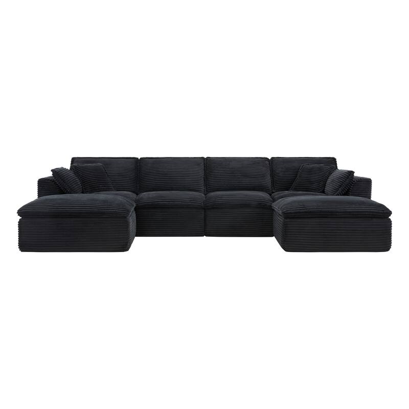 U-Shaped Sectional Sofa Set, Oversized Modular Deep Seat Sofa Corduroy Cloud Like Couch with 2 Movable Ottomans