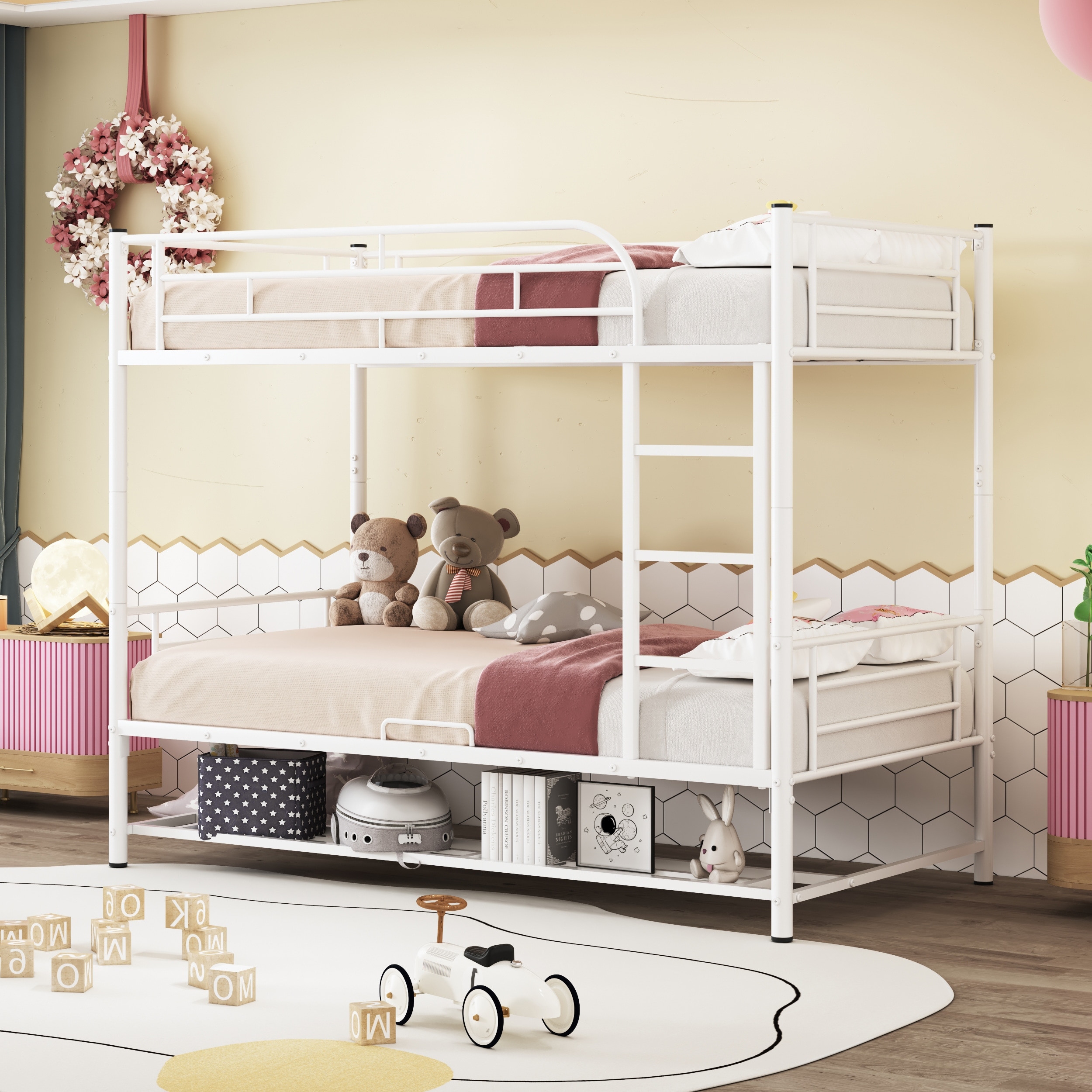 Twin Over Twin Metal Bunk Bed Heavy Duty Bunk Bed with Shelf