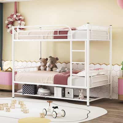 White Metal Bunk Bed with Bottom Shelf and Full-Length Guardrails, Converts to Two Beds