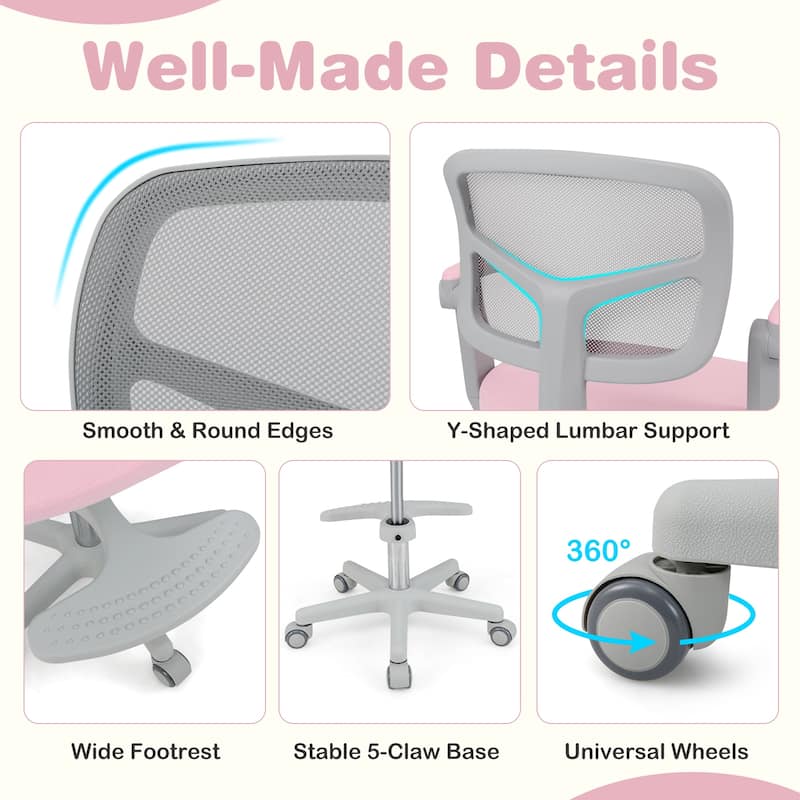 Height Adjustable Children Desk Chair with Swivel Base and Lumbar Support Smooth Wheels - 22.5" x 21.5" x 31.5"-36"