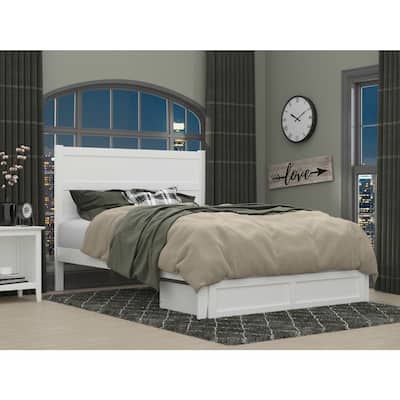 Rustic Bed with Storage Drawer - Modern Platform Bed Frame - White Finish - Home Bedroom Furniture