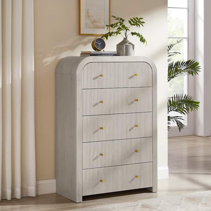 Modern Fluted 5 Drawers Dresser, Wood Chest of Drawers for Bedroom - White Alder