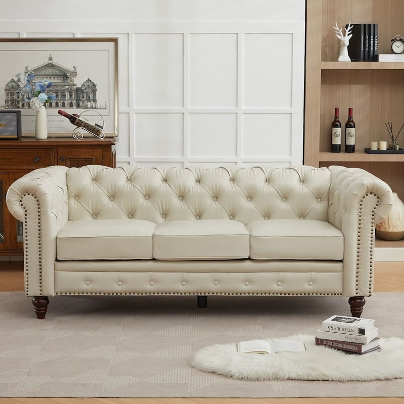 84" PU Leather 3-Seat Sofa with Button Tufted Back & Rolled Arms - 83" W - Beige