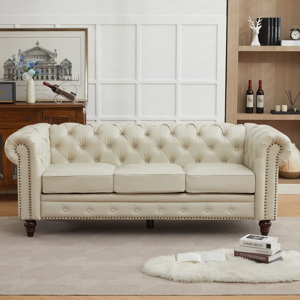 84" PU Leather 3-Seat Sofa with Button Tufted Back & Rolled Arms - 83" W