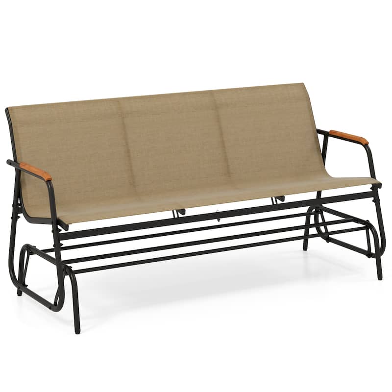 Black Brown Metal Teak 3-Person Glider Bench with Fabric Seat and Armrests - 29" L x 66.5" W x 33" H
